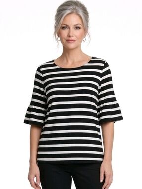 Talbots Black & White Striped  Ruffle Detail Sleeve Stretch Knit  Blouse Size L